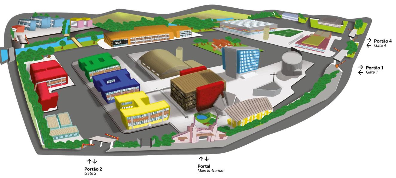 Mapa do campus PUCPR com portões de entrada